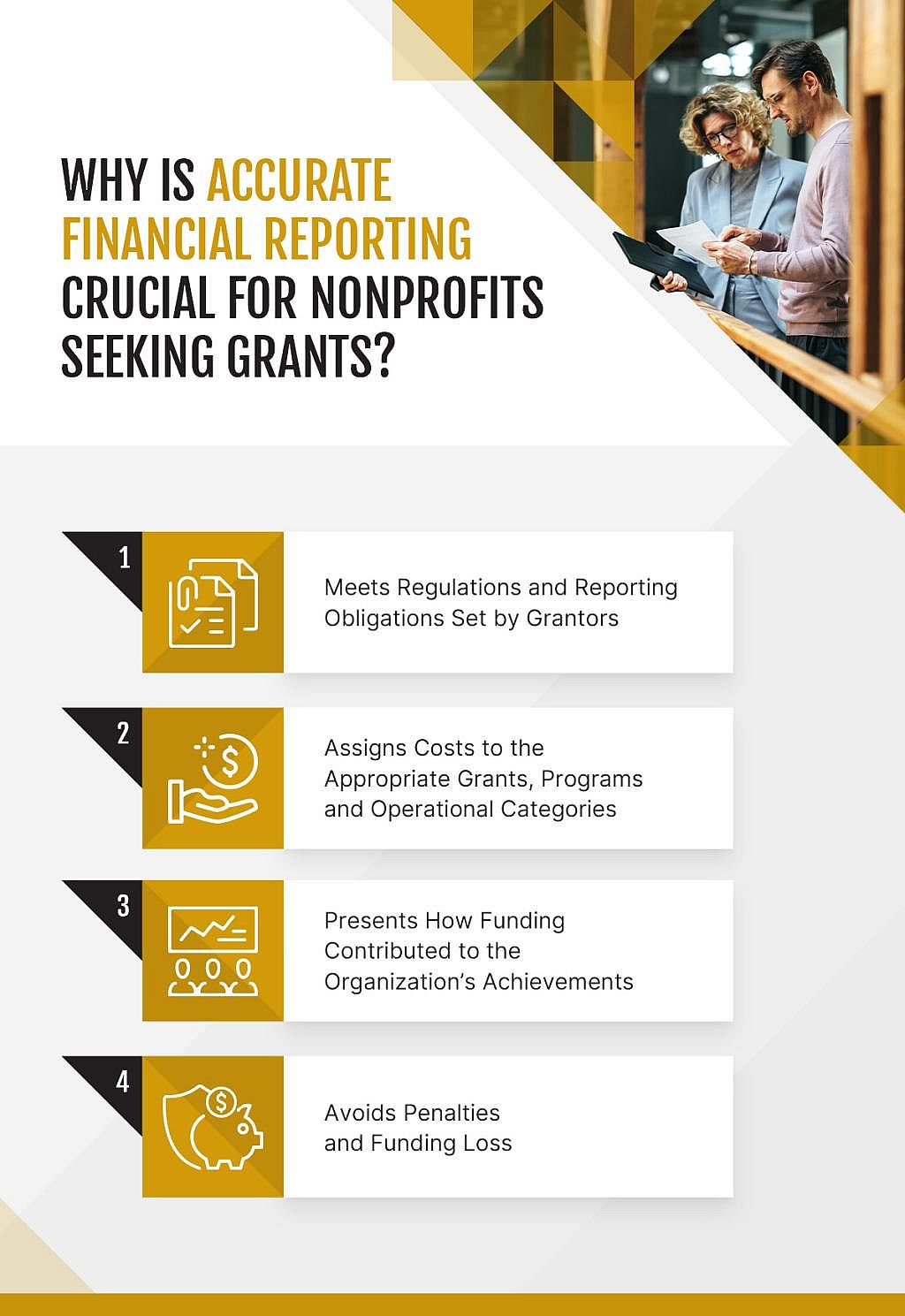 An infographic showing the reasons why an accurate financial reporting is crucial for nonprofits seeking grants.