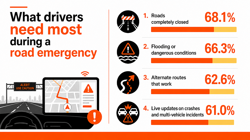 An infographic listing the top things drivers need the most during a road emergency.
