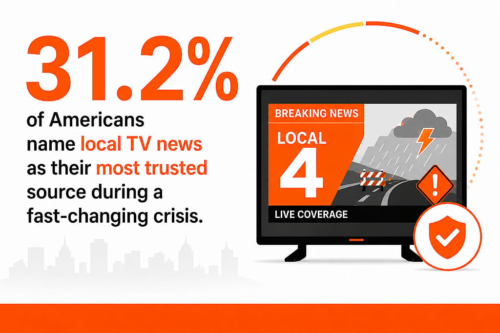 An infographic stating that 31.2% of Americans name local TV news as their most trusted source during a fast-changing crisis.