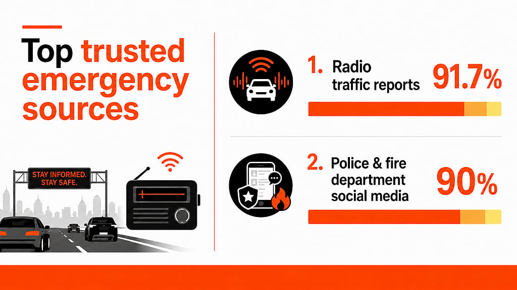 An infographic showing that radio traffic reports and police and fire department social media are the top trusted emergency resources.