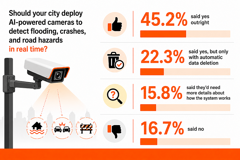 An infographic showing the respondents' agreement on deployment of AI-powered cameras to detect flooding, crashes, and road hazards in real time in their cities.