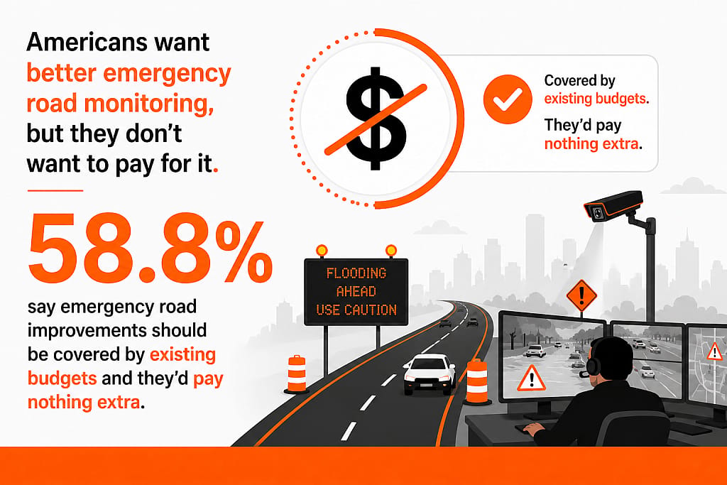 An infographic stating that 58.8% say emergency road improvements should be covered by existing budgets and they'd pay nothing extra.