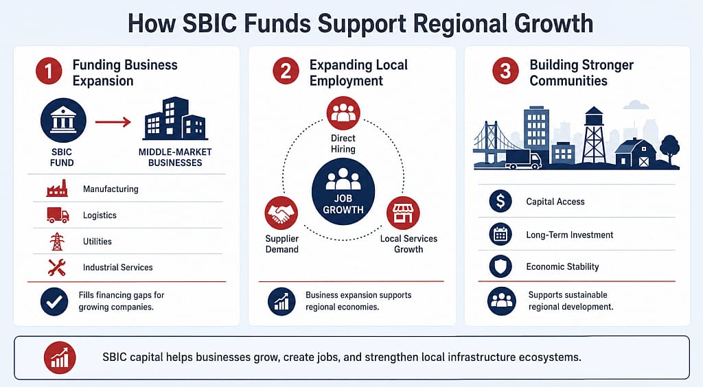 An infographic showing the process on how SBIC funds support regional growth.