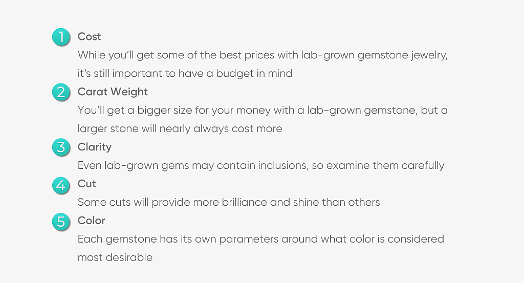An infographic listing the five things to look for when buying lab-grown gemstone rings and other jewelry.