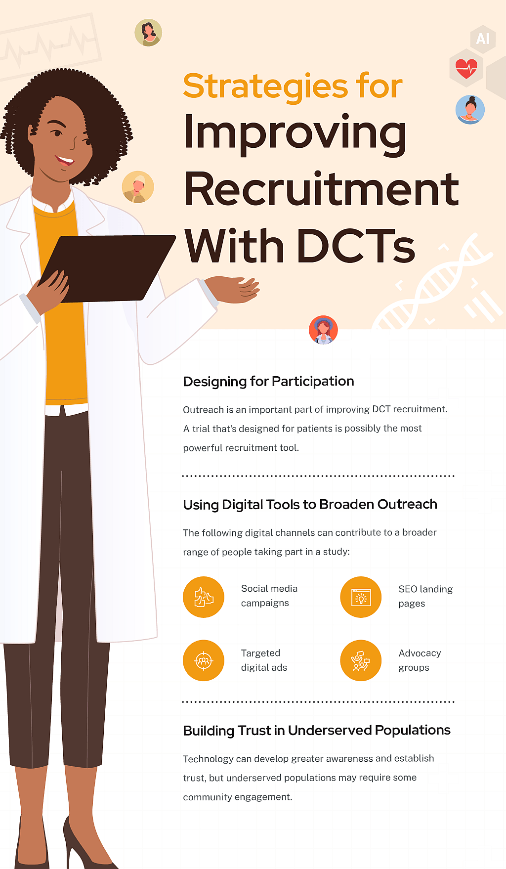 An infographic defining the strategies for improving recruitment with DCTs.