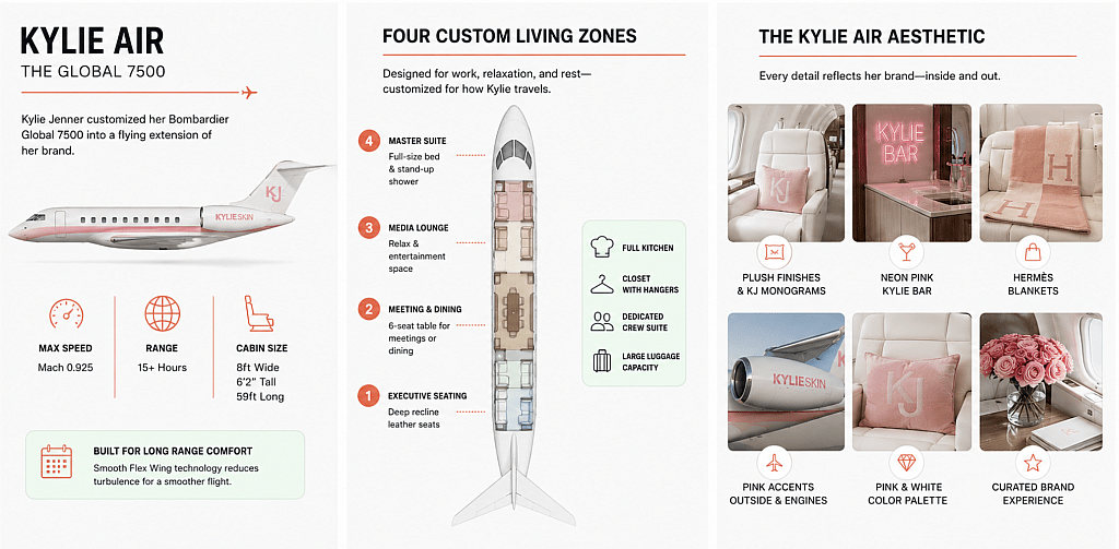 An infographic detailing Kylie Jenner's Global 7500 plane.