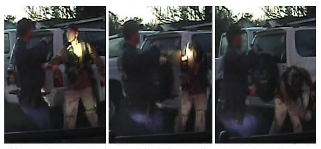 Still frames from a California Highway Patrol video depicting the altercation between David Couch, at right, and Officer Cates. The lighting is dim in sunset hours and the people appear blurry from their movement. The progression of action is from left to right.