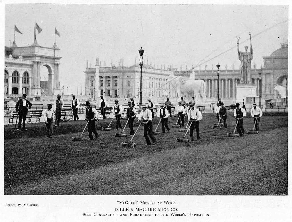 A demonstration of Dille & McGuire Lawn Mowers at the Chicago World's Fair in 1893. The advertising stunt by one of several Richmond lawn mower manufacturers helped make the city the "lawn mower capital of the world."