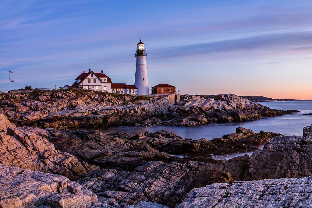 A view of the sunrise from the Portland lighthouse in Maine, USA.