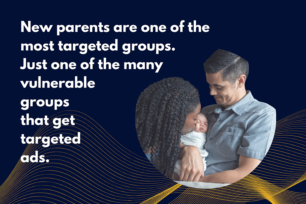 A poster showing new parents are the targeted customers to spend more.