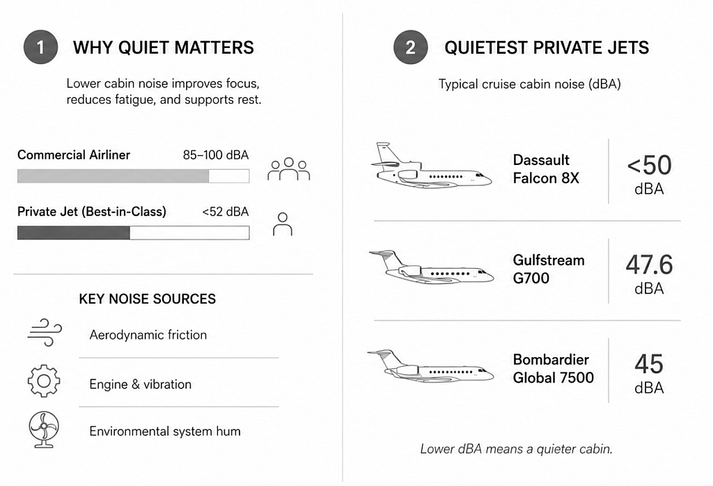 An infographic detailing why quiet matters and the top quietest private jets.