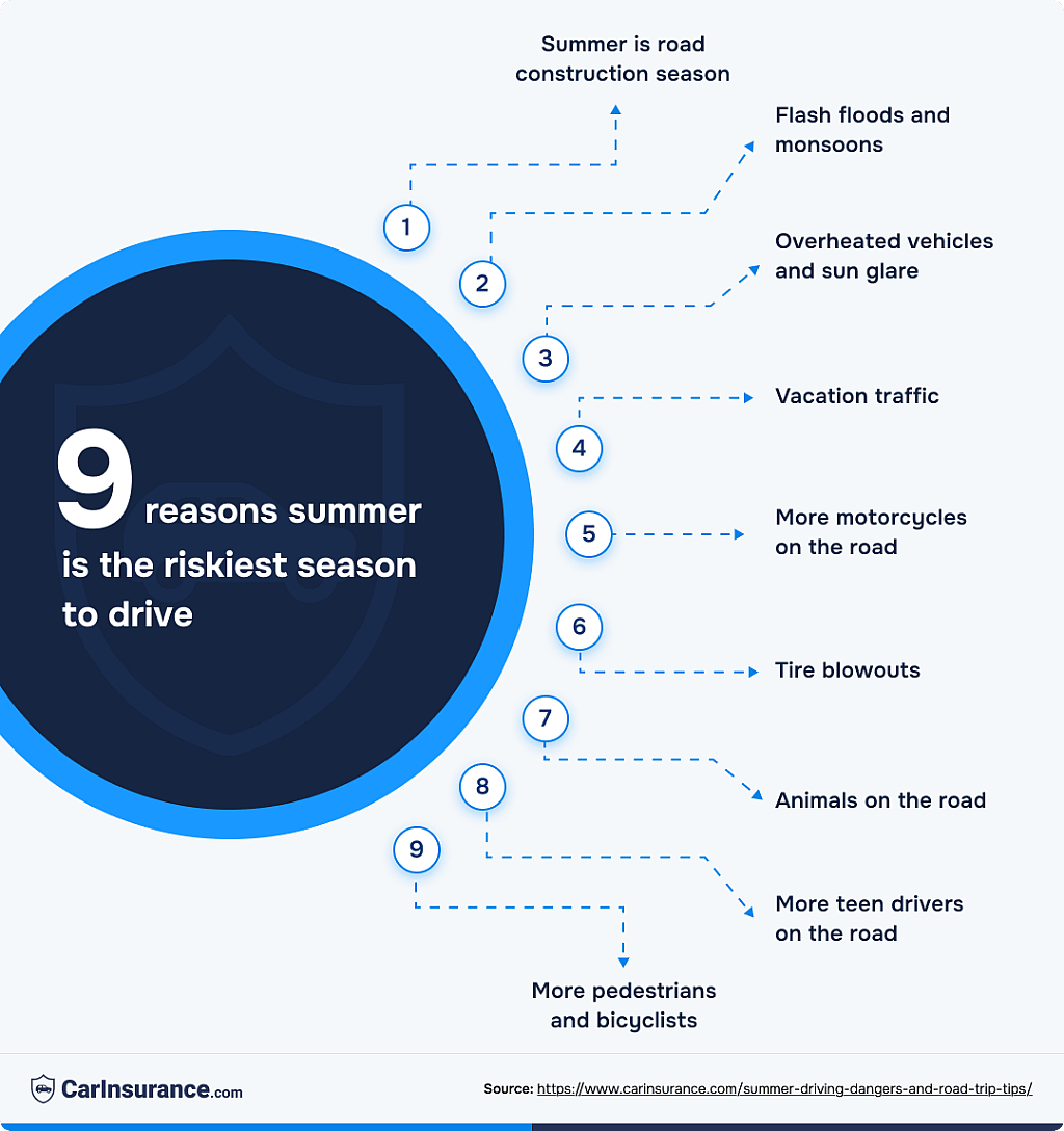 Infographic listing the top 9 reasons summer is the riskiest season to drive.