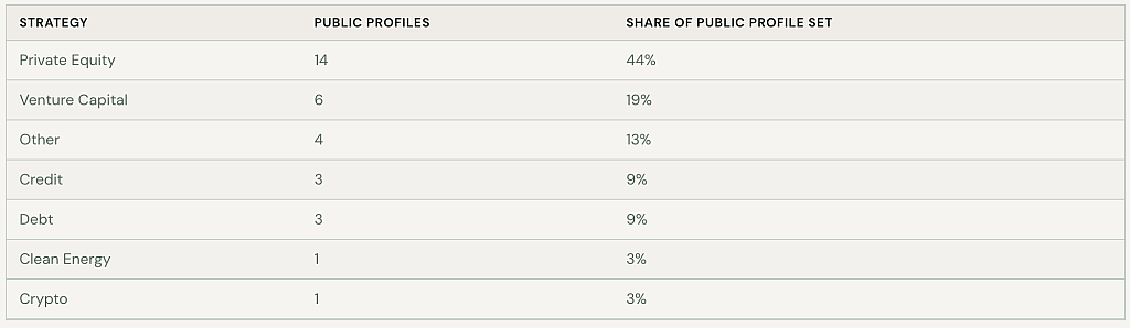 A table listing the different strategies per public profile and share.