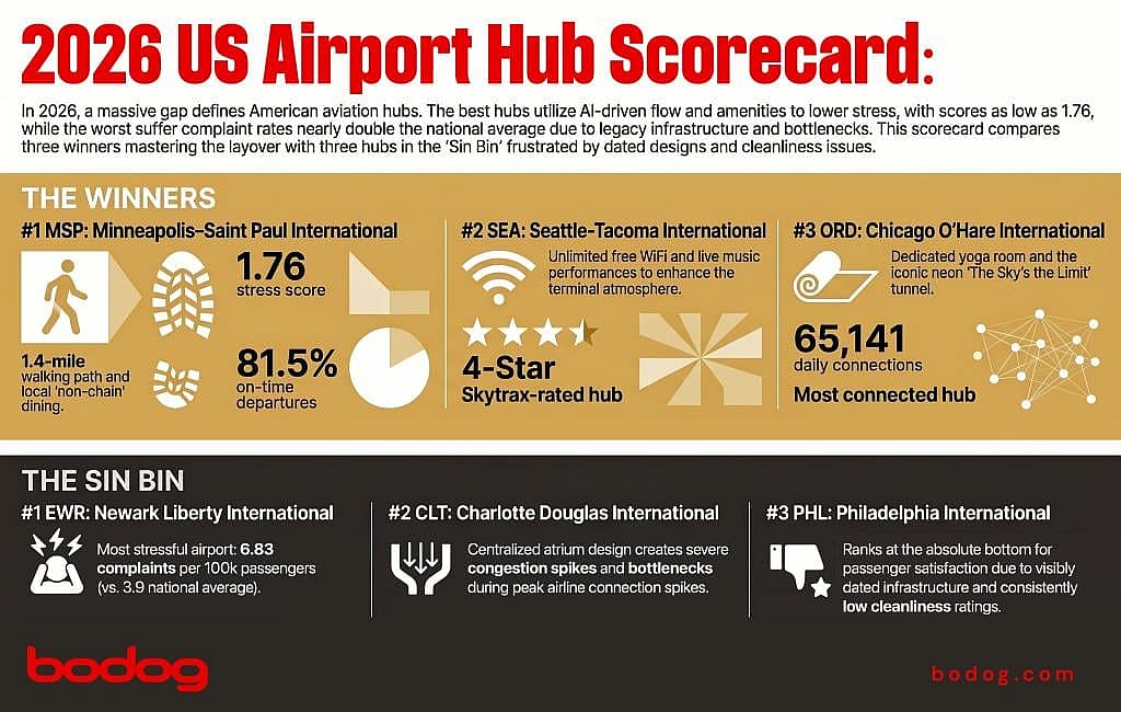 An infographic revealing the 2026 US airport hub scorecard. Ranked #1 is Minneapolis-Saint Paul International Airport with 1.76 stress score and 81.5% on-time depatures.