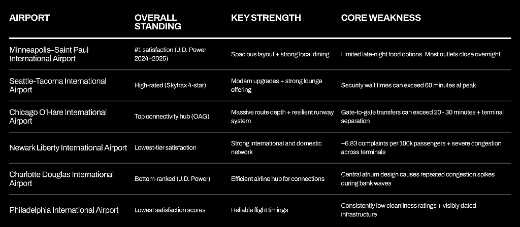 Table comparing the top US airport hubs based on key strengths and core weaknesses.