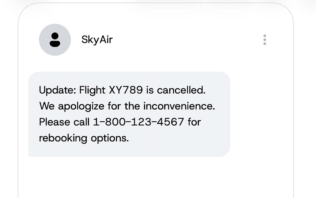 A sample cancelled flight notification message.