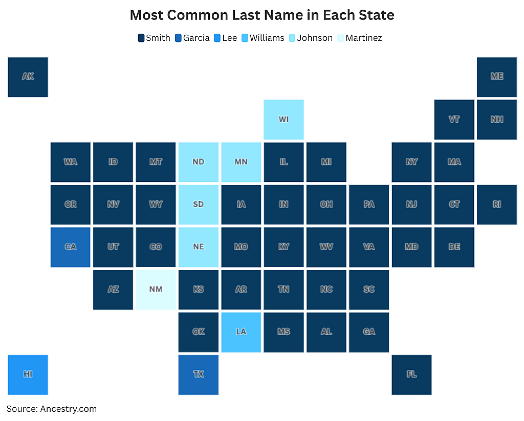 A data map of the US showing the most common last name in each state.