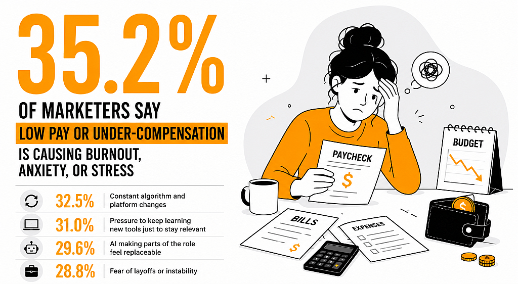 An infographic stating that 35.2% of marketers say low pay or under-compensation is causing burnout, anxiety, or stress.