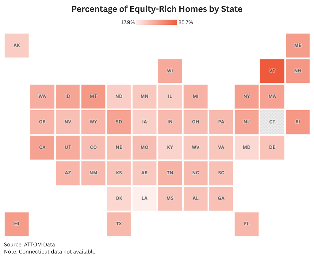 Data map of the US revealing percentage of equity-rich homes by state.