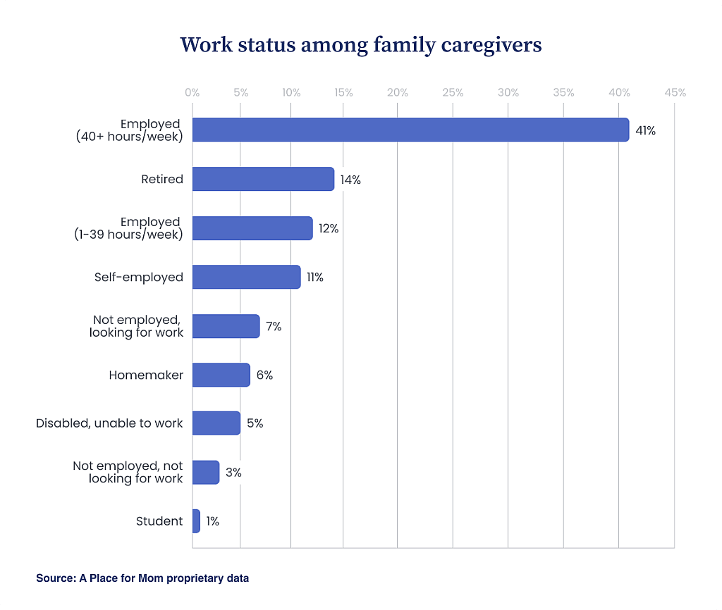 Bar chart showing the work status of family caregivers, including full-time employment (41%), part-time employment (12%), self-employment (11%), and retirement (14%).