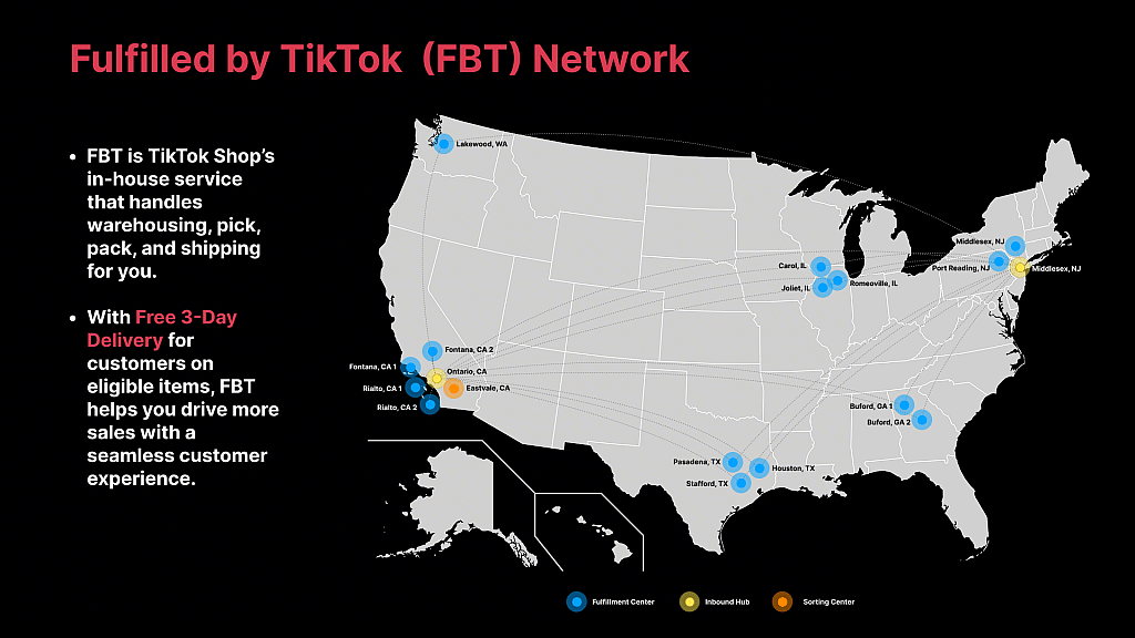 A map showing the Fulfilled by TikTok (FBT) Network, which is TikTok Shop's in-house shipping logistics service for sellers across USA.