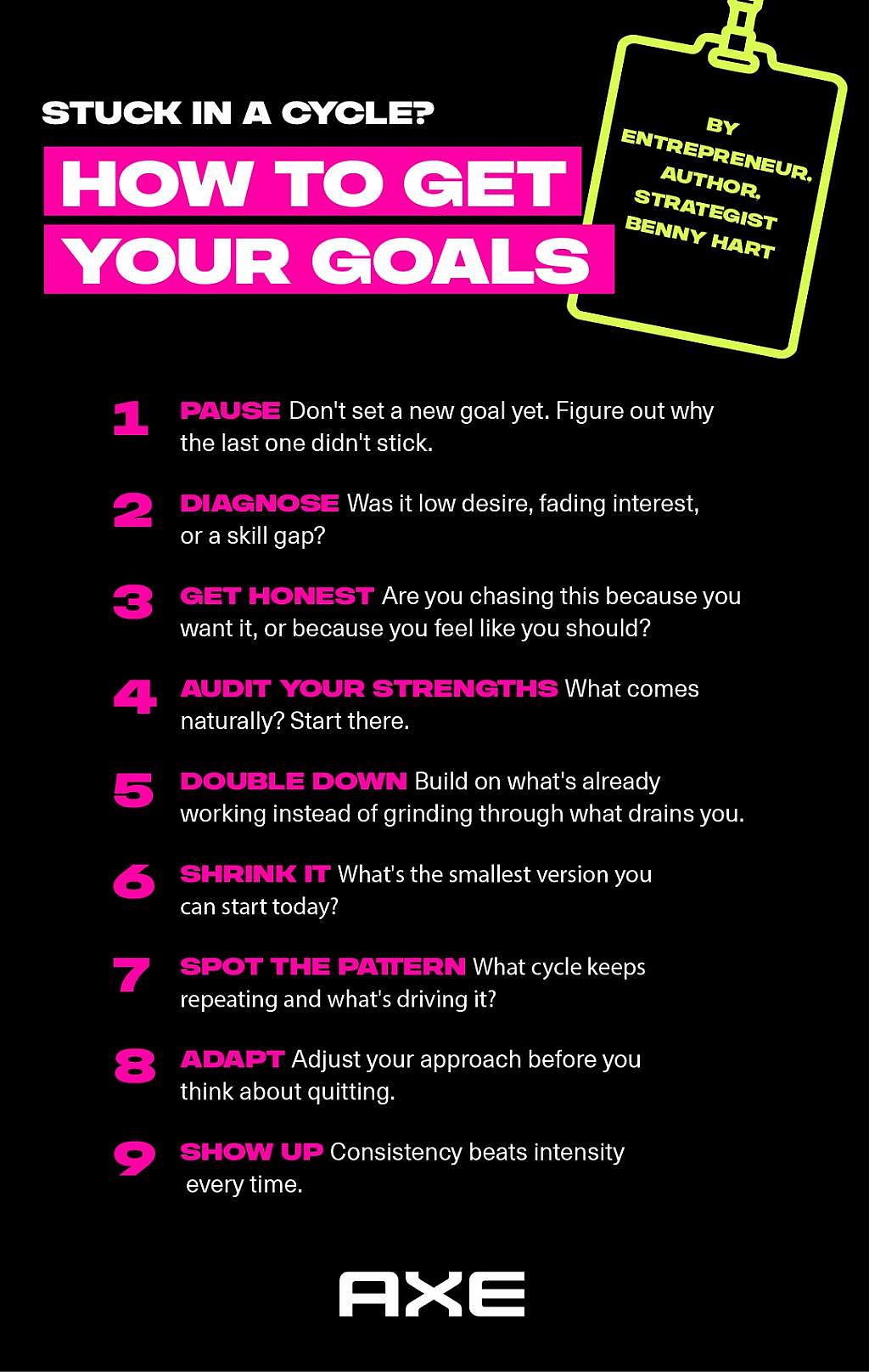 Infographic listing the top nine ways on how to get your goals, according to Benny Hart.