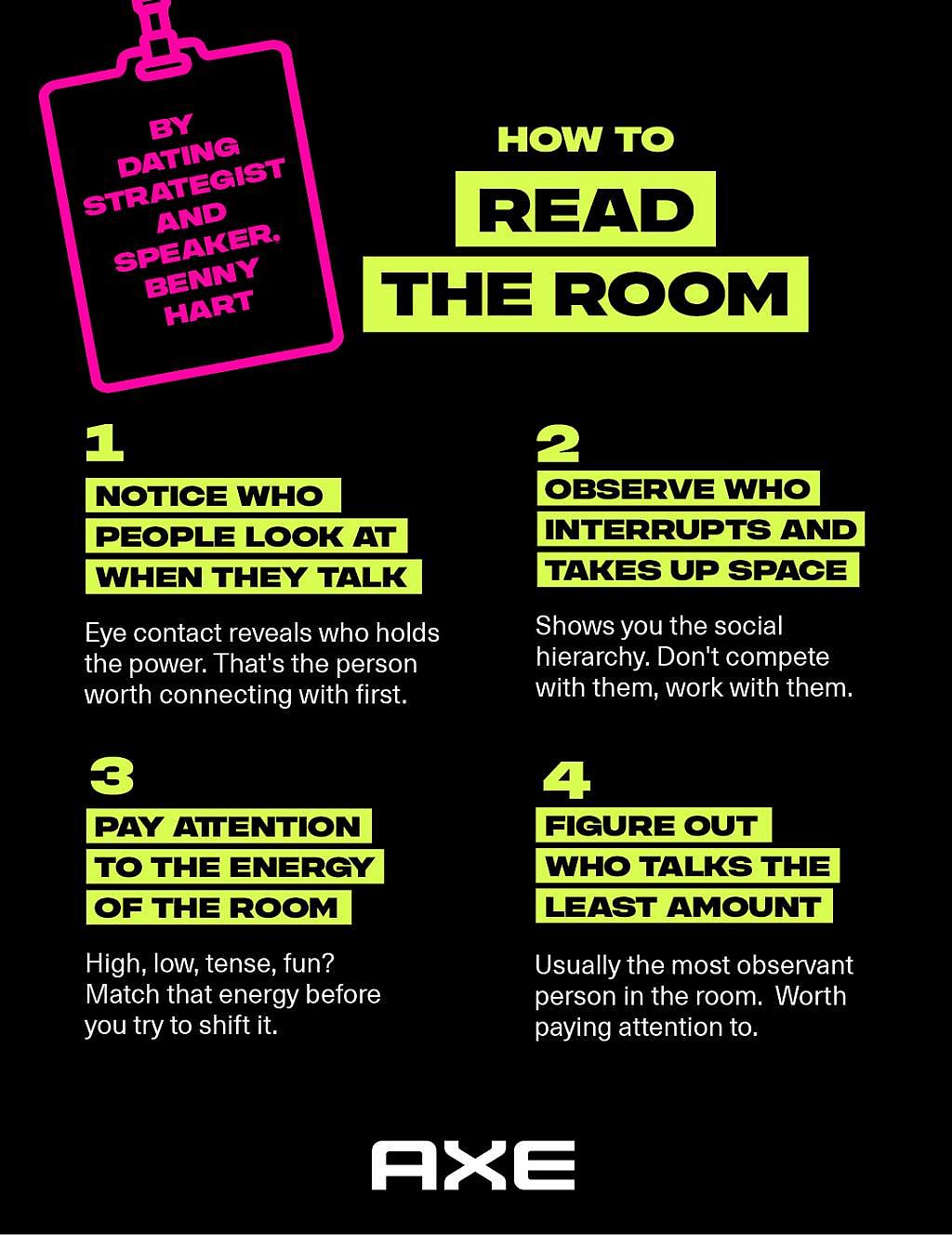 Infographic listing the top effective ways on how to read a room, according to Benny Hart.