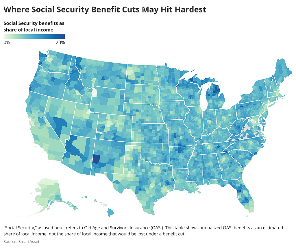 A map showing the geographic distribution of Social Security benefits as a share of local income across the United States.