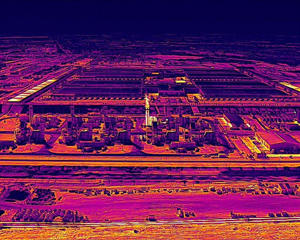 Thermal imagery shows one of Stargate’s 10 gas-fired turbines in operation in late March. The turbines emit large amounts of greenhouse gases and other harmful air pollutants.