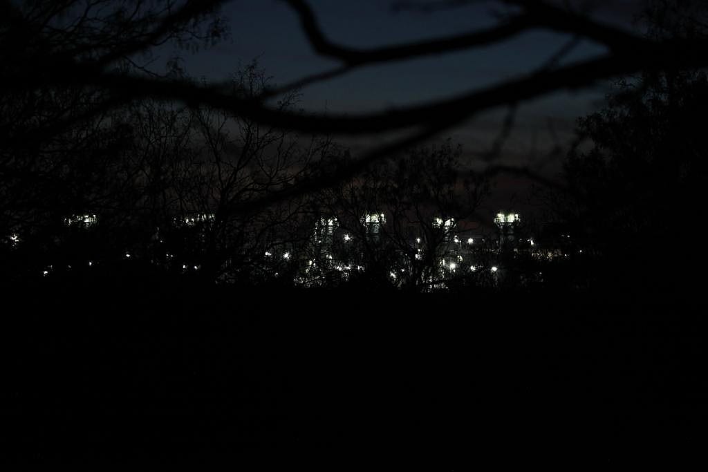 Stargate’s gas-powered turbines seen at night use bright lights reminiscent of stadium lights, as seen from Omaira Garcia’s property line.