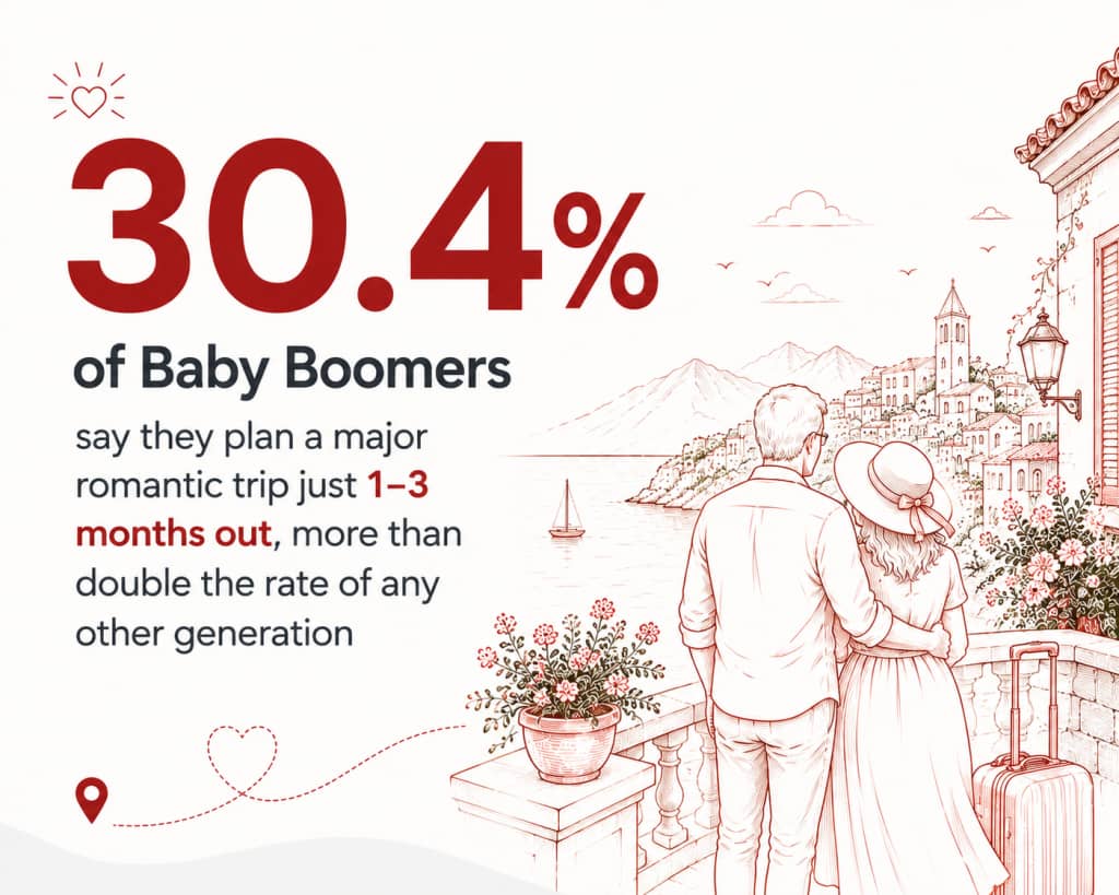 A poster showing a survey result from the baby boomer generation who plan a romantic trip with just 1 to 3 month.