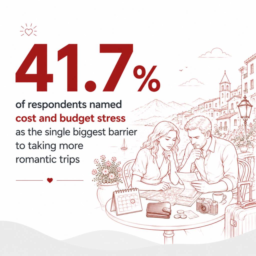A poster showing a survey result that labeled cost and budget stress as the biggest barrier for taking more romantic trips.
