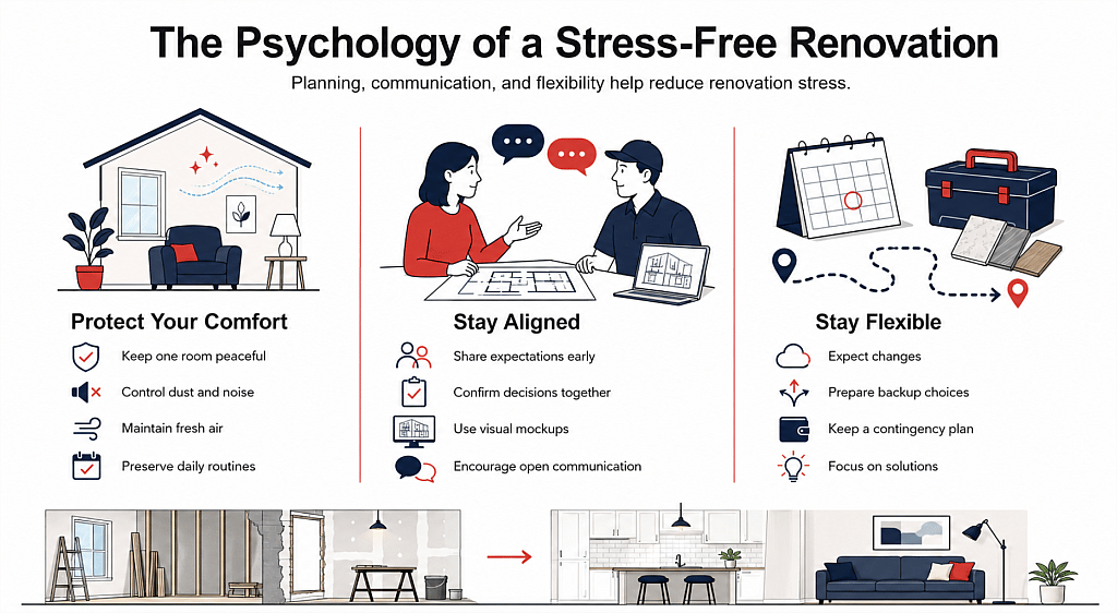 An infographic showing the psychology of a smooth and stress-free home renovation.
