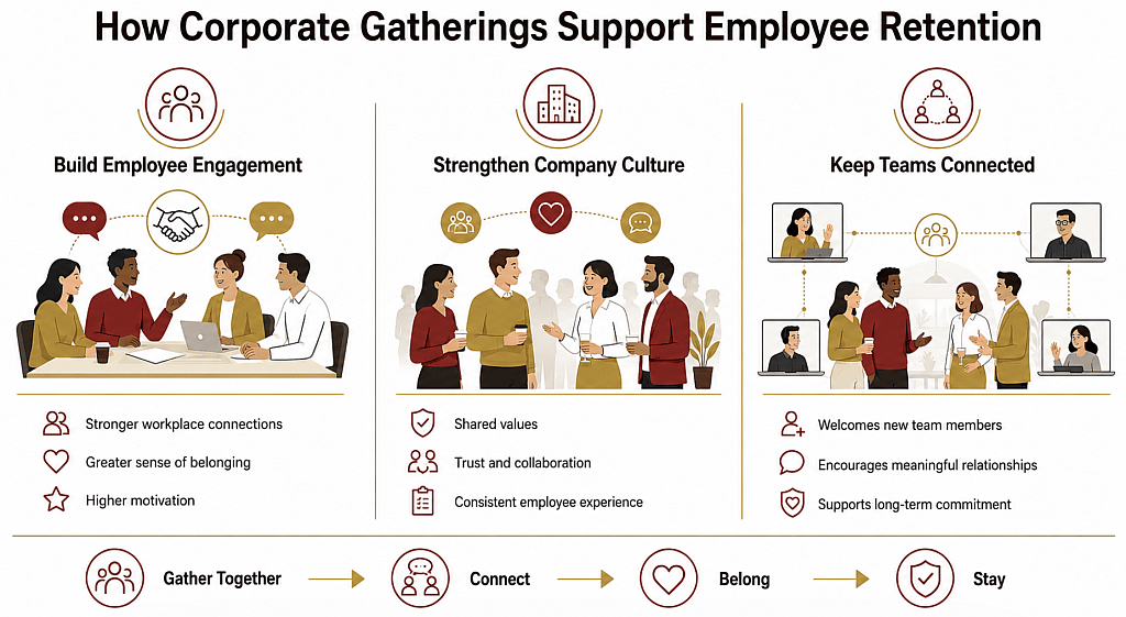 An infographic listing the ways on how corporate gatherings support employee retention.