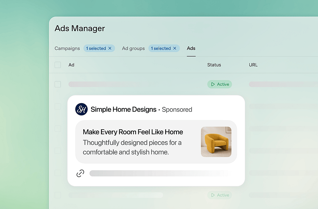 A screenshot of a home design advertisement from ChatGPT's Ads Manager.