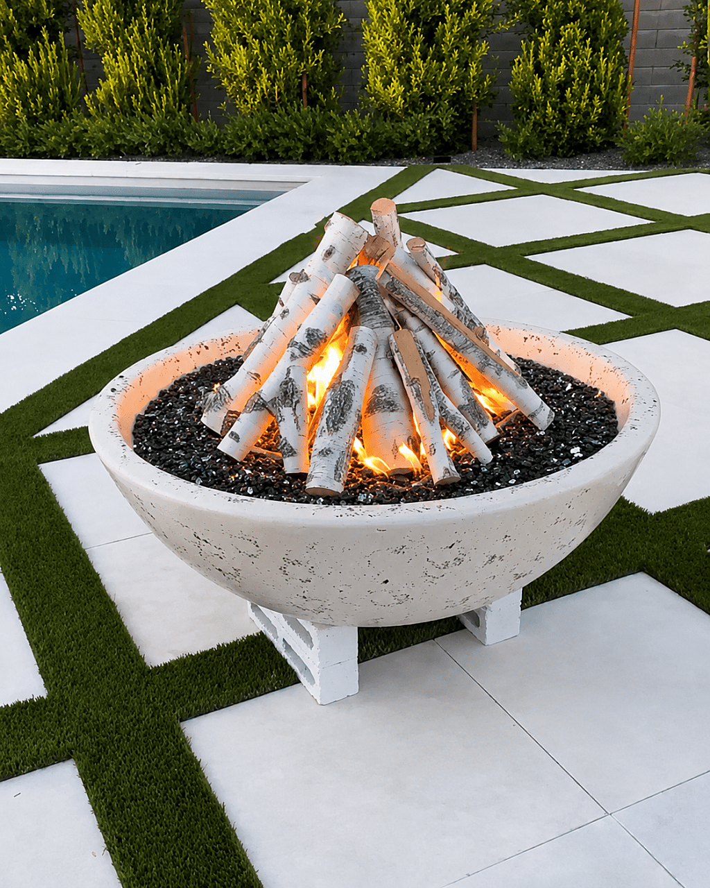 A Grand Canyon Gas Logs fire bowl constructed from durable GFRC concrete in a white finish.