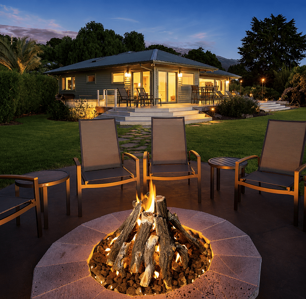 A modern outdoor patio set including mesh chairs and a stone-look fire pit.