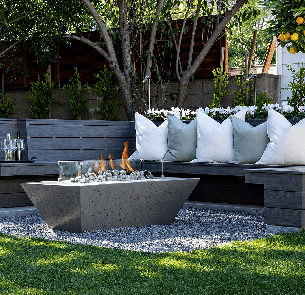 An outdoor space featuring a centerpiece rectangular gas fire pit table with concrete and glass finishes.