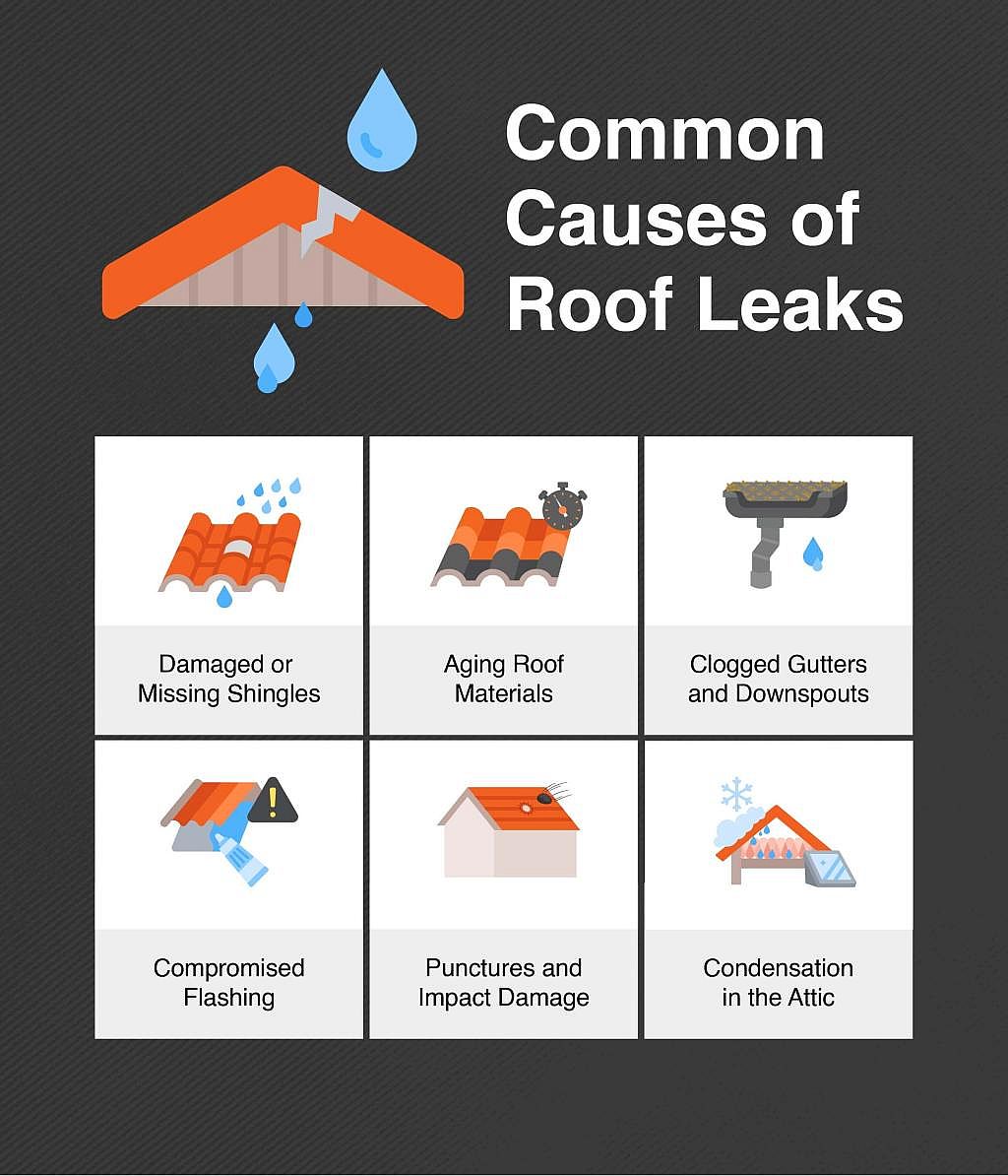 An infographic listing the common causes of roof leaks.