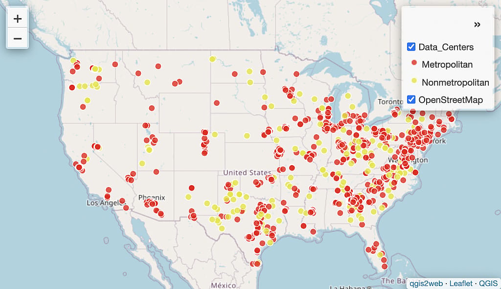 A map showing the high concentration of data centers in metropolitan areas across the United States.