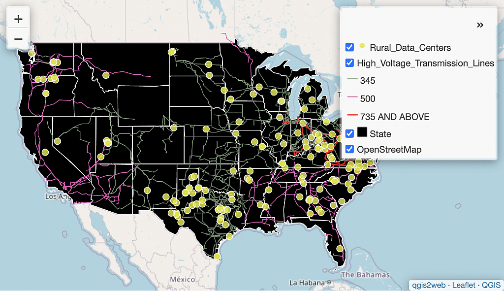 A map showing the non-metropolitan data centers on top of transmission lines with voltages at or above 345 kilovolts. 