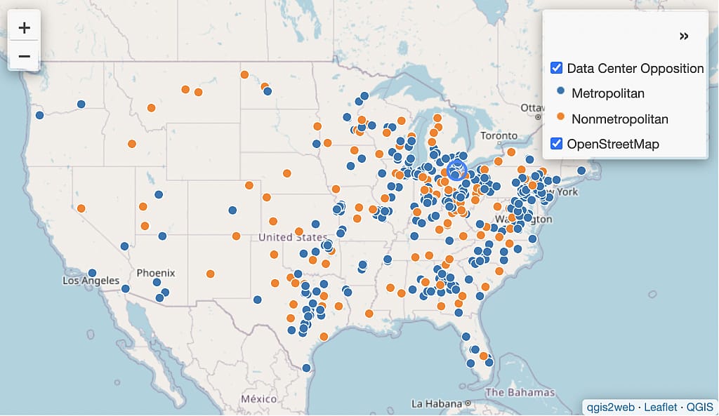 A map showing the Data Center Opposition areas across the United States.
