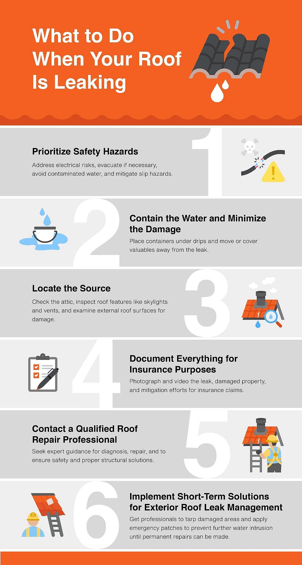An infographic detailing the steps on what to do when your roof is leaking.