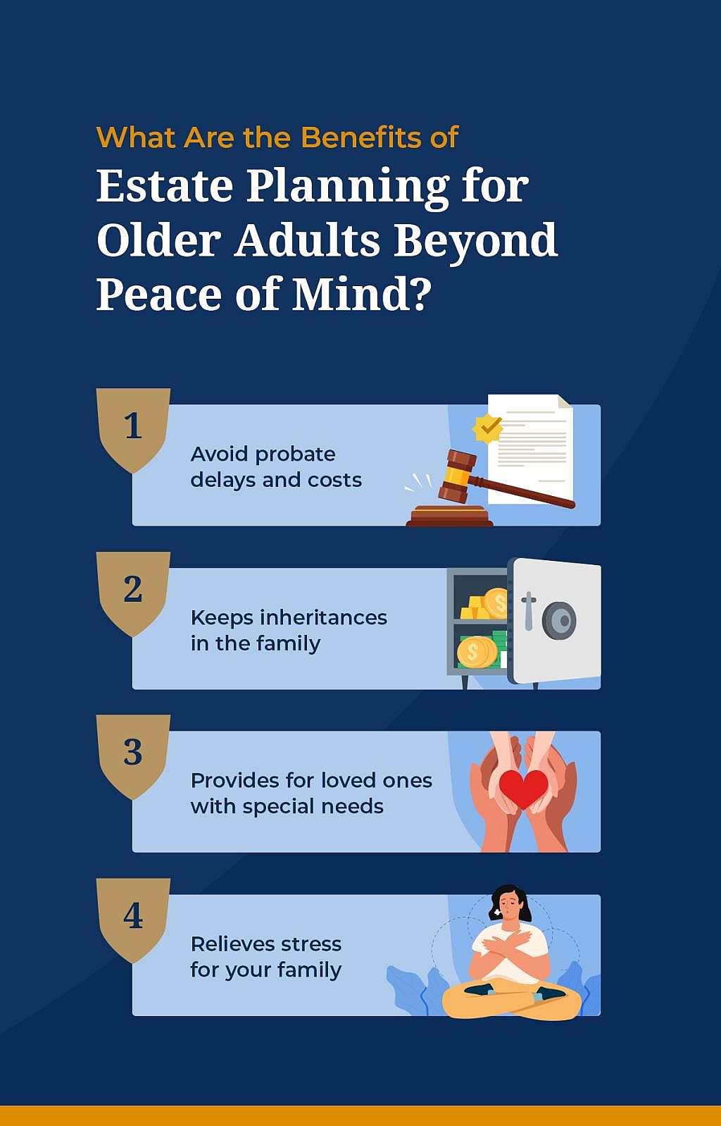An infographic listing the benefits of estate planning for older adults beyond peace of mind.