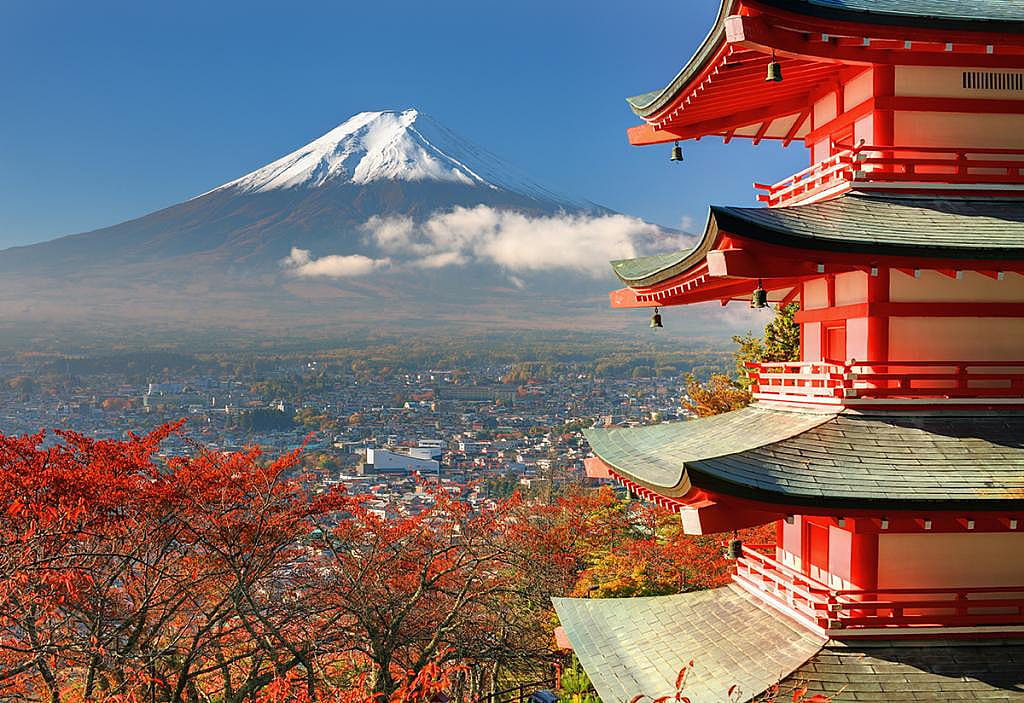 A view of Mount Fuji framed by the Chureito Pagoda in Japan.