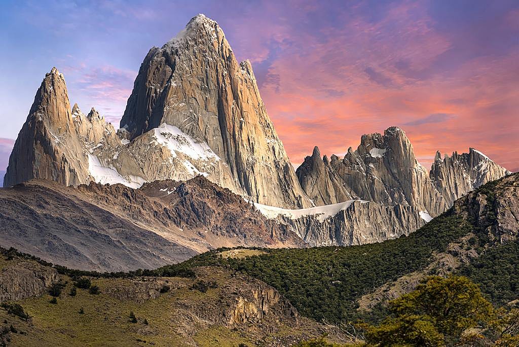 Mount Fitz Roy, a jagged mountain peak located in Los Glaciares National Park in Patagonia, Argentina.