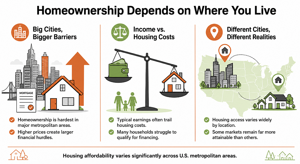 An infographic reporting on the state of homeownership depending on the city and income or housing costs.