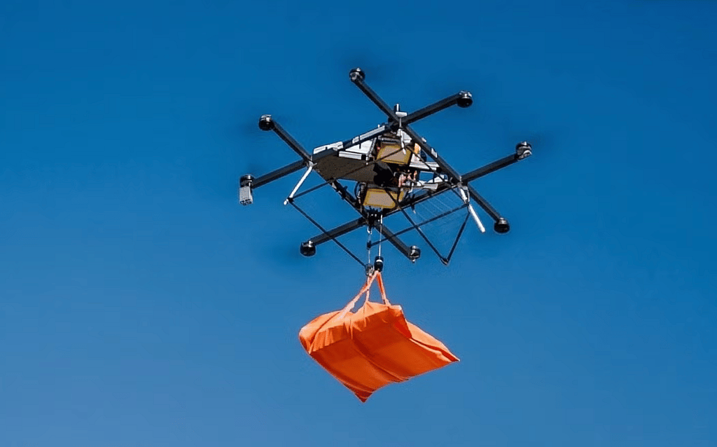A Flytrex drone carrying a 16-inch pizza.
