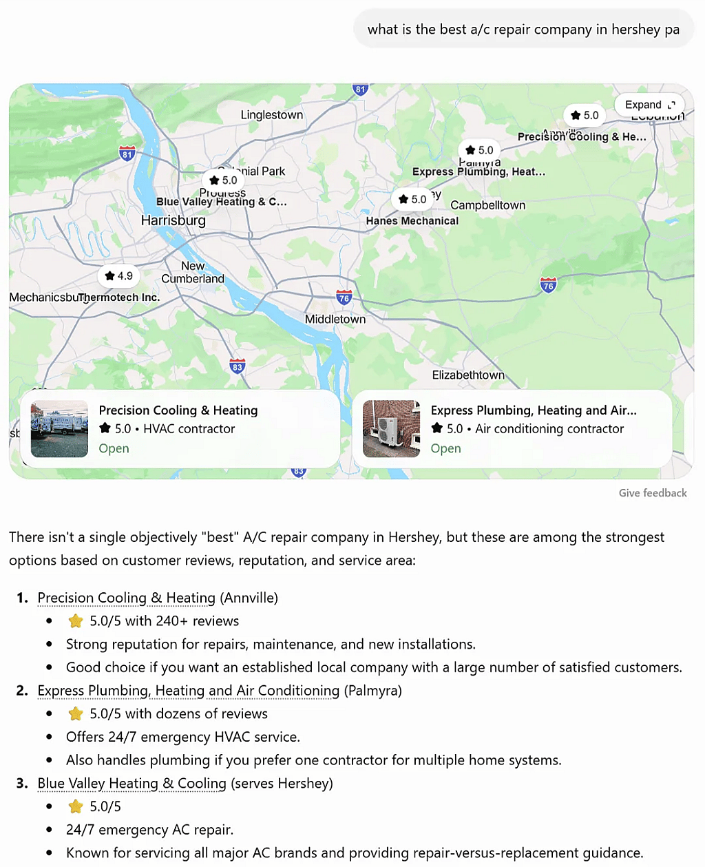 A screenshot of a local map, recommended homepages, and search results generated by an AI assistant for the best aircon repairs in a specific location.