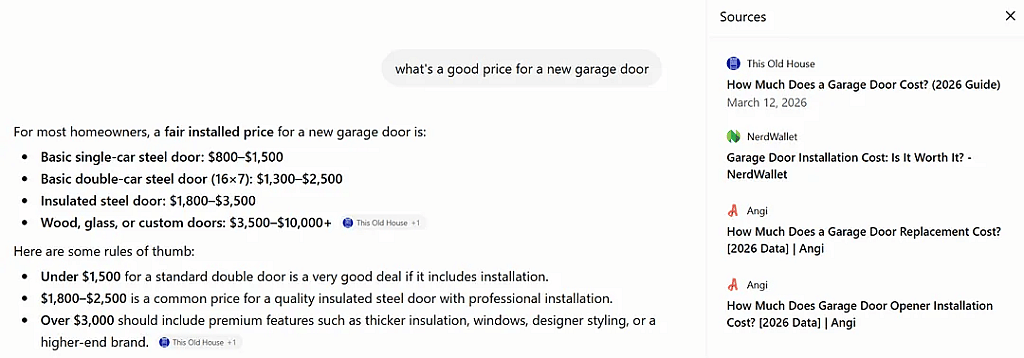 A screenshot showing the search results and sources generated by ChatGPT for a garage door pricing query.